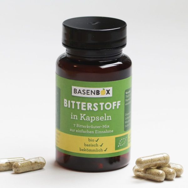 Basenbox Bitterstoff-Kapseln zur einfachen Einnahme; 70 Stück in einem Schraubbehälter.